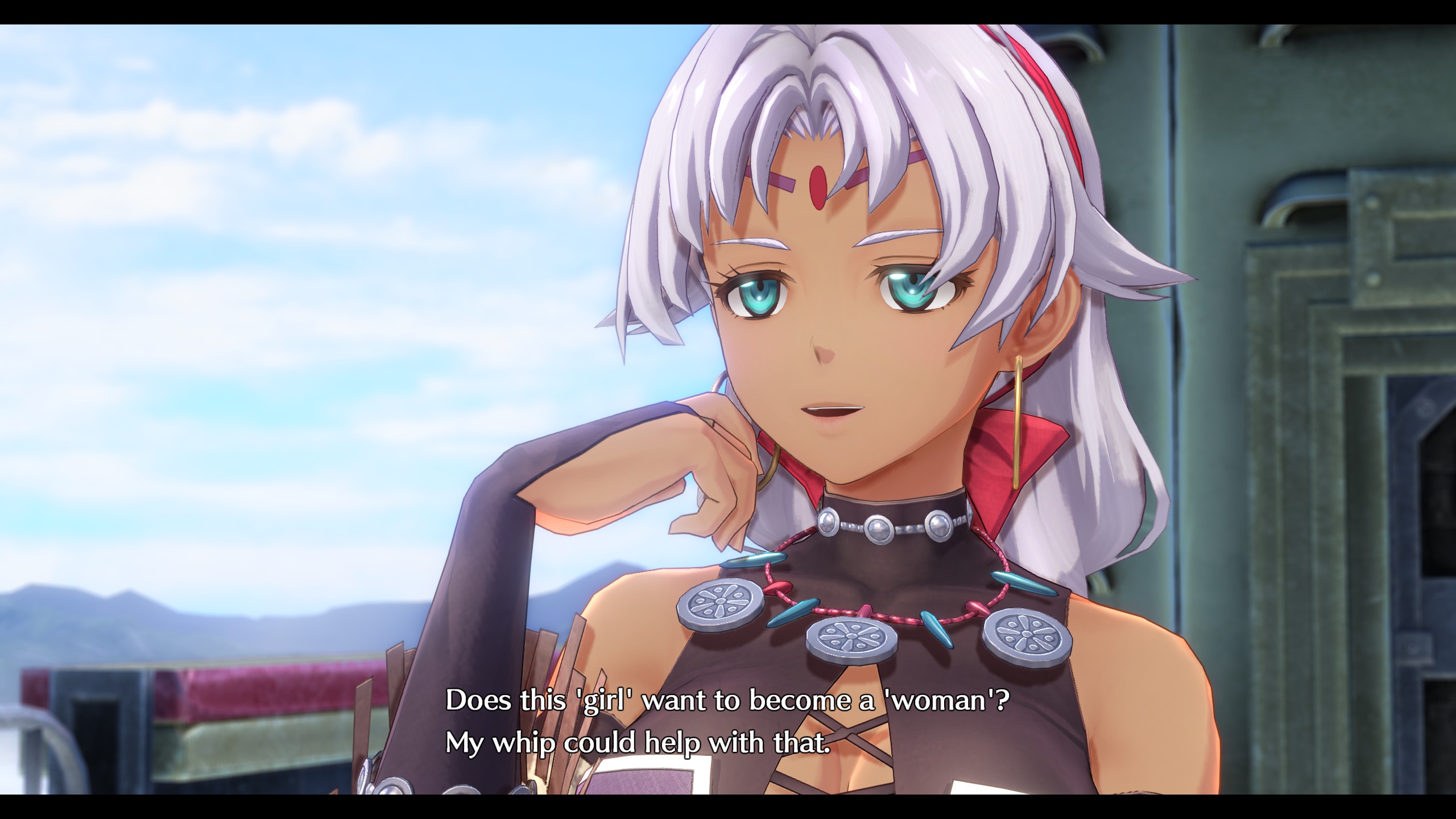 Screenshot of the same line in the remake. Scherazard says: Does this 'girl' want to become a 'woman'? My whip could help with that.