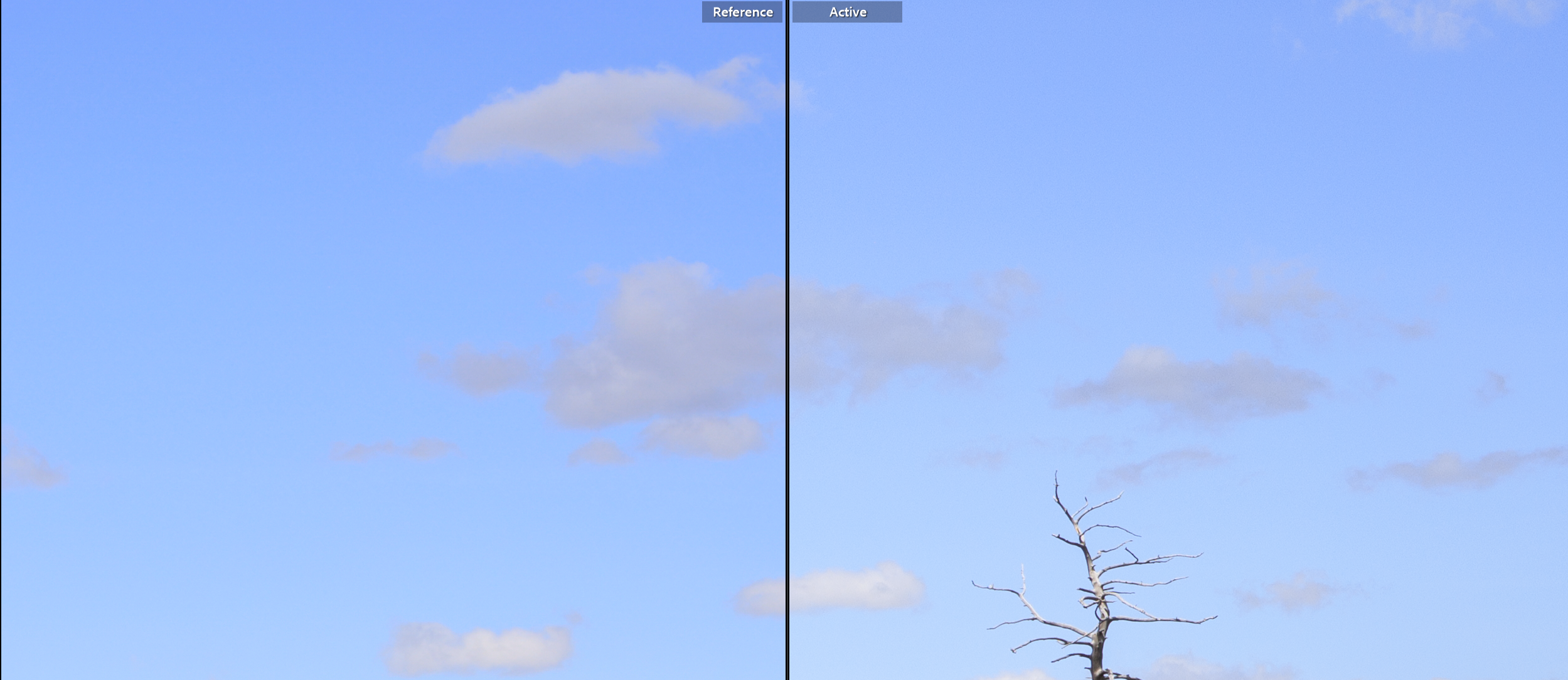 Canon on the left, lined up to continue with the Lightroom result on the right. The sky colors are quite different.