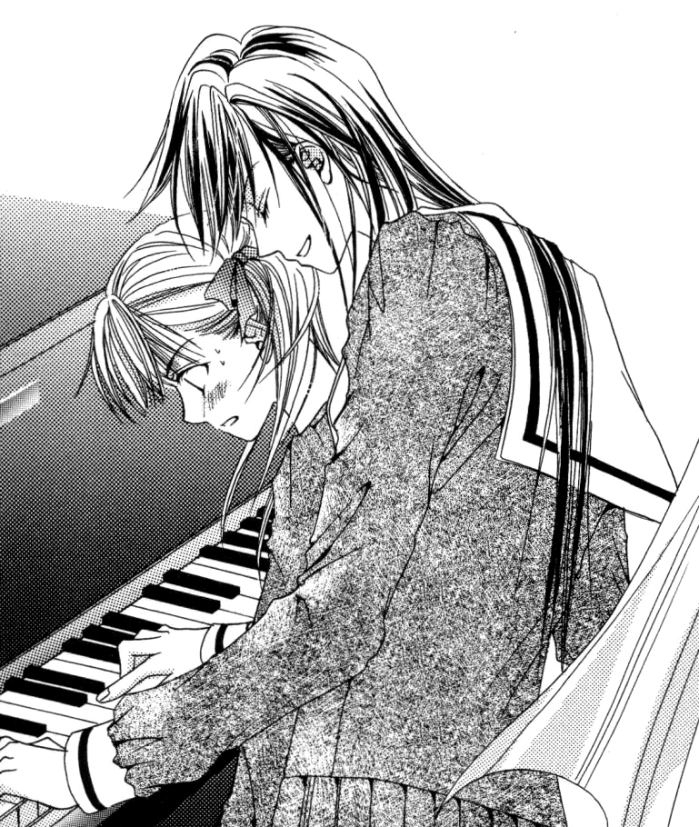 Yumi and Sachiko play a piano duet on an insert page from the first volume