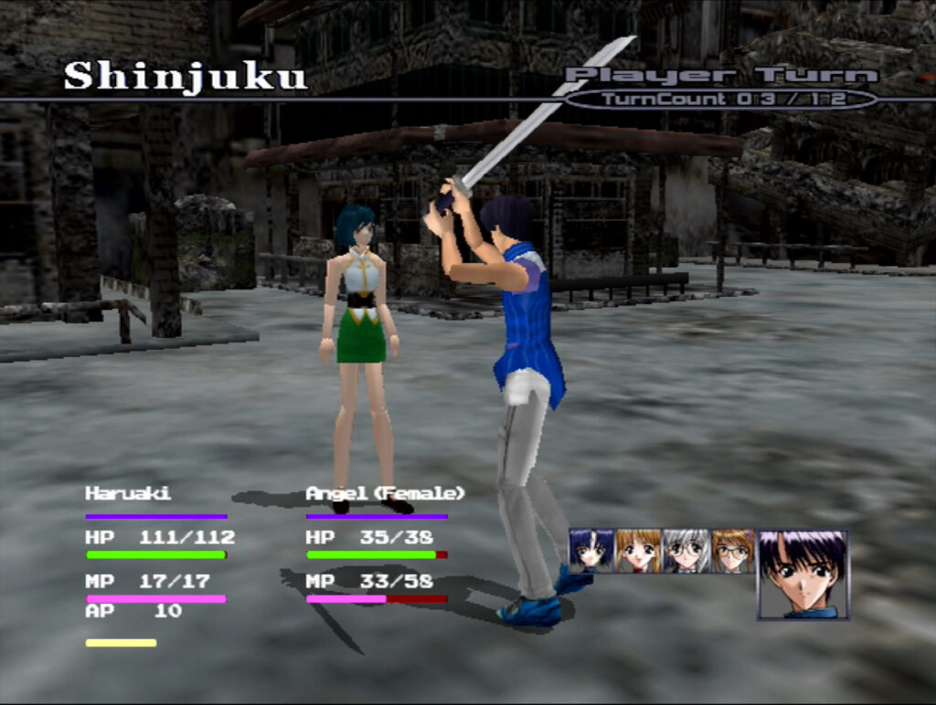 Screenshot from Innocent Tears gameplay. Haruaki is swinging his sword down on a female NPC. 