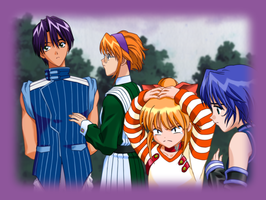 Haruaki looks away innocently while Saki holds her head in pain. 