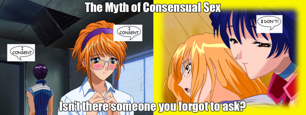Meme showing Haruaki and Yumi consenting to sex, but Kagari, who is eating someone, does not. 