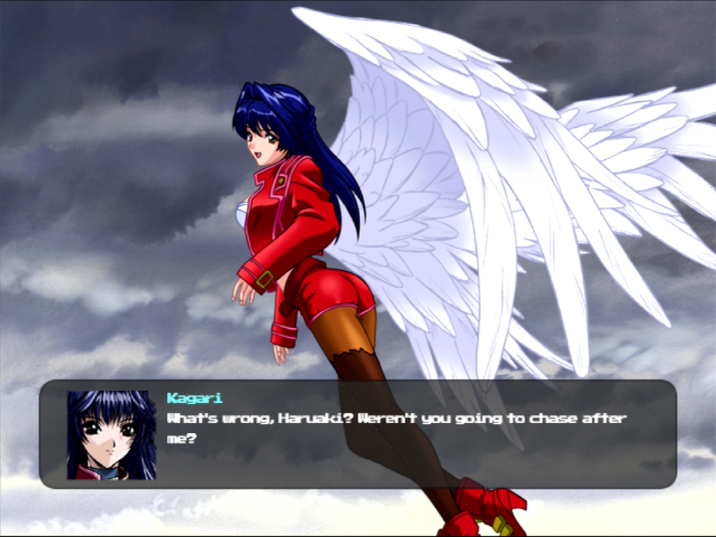 Kagari is floating in the air and saying: "What's wrong, Haruaki? Weren't you going to chase after me?"