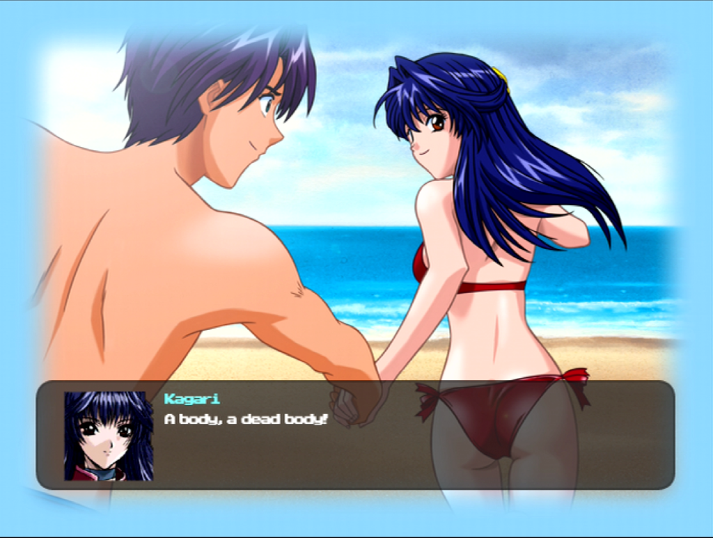 Innocent Tears screenshot. Kagari is running happily on the beach and dragging Haruaki along. She says: "A body, a dead body!"