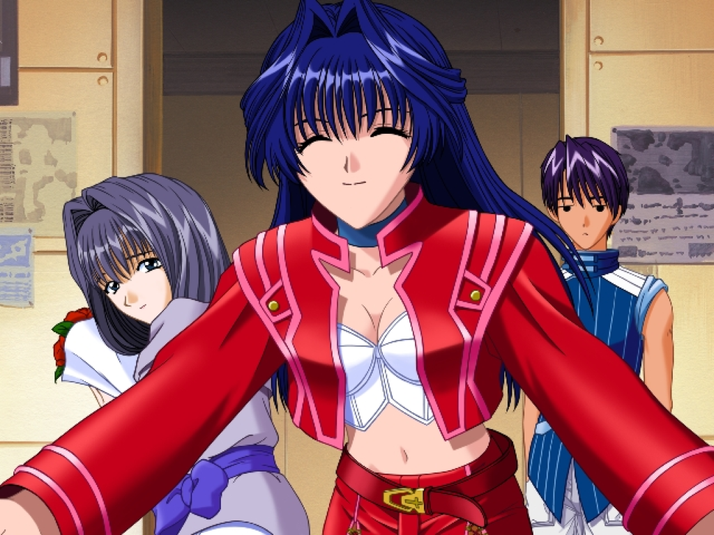 Kagari happily standing in the front of the frame, with Yukiko and Haruaki behind her. 
