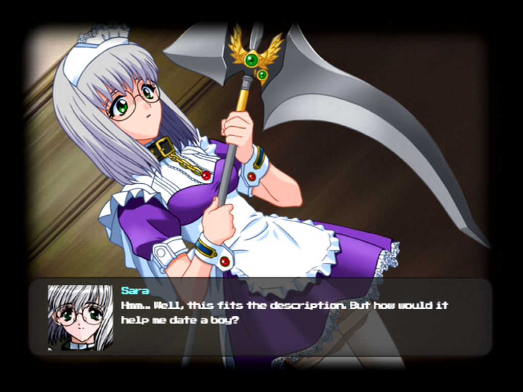 Innocent Tears screenshot. Sara is holding a scythe and says: "Hmm... Well, this fits the description. But how would it help me date a boy?"