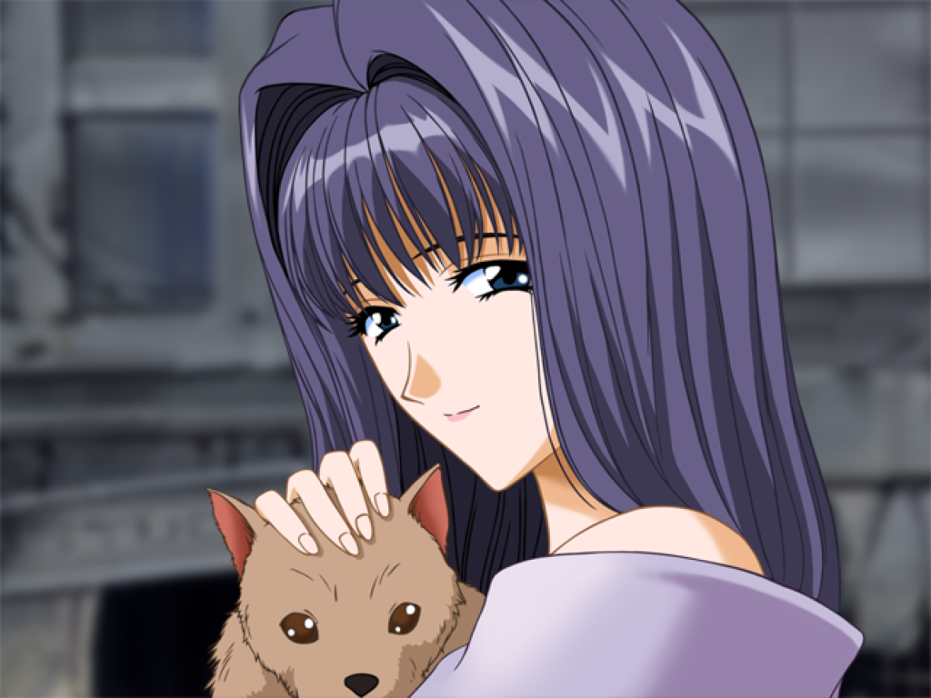 CG from Innocent Tears of a girl holding a dog